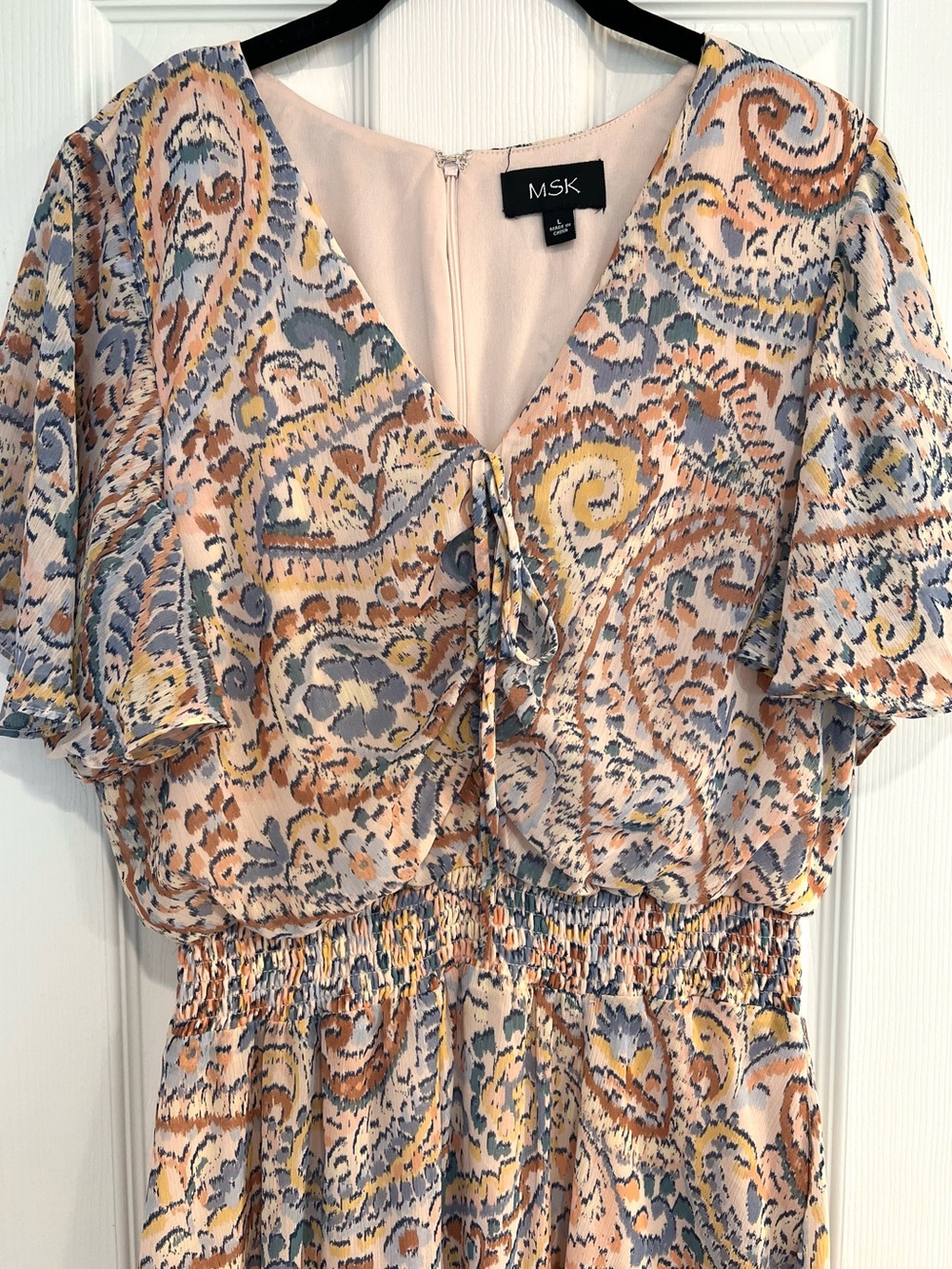 MSK Maxi Pale Pink Rust Blue Paisley Ruched Front Dress Wedding Guest Boho L